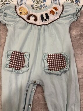 Light Blue Baby Romper with Puppy Appliqués